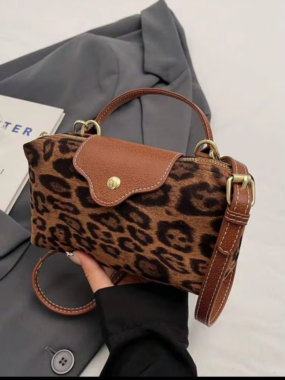 Brown Leopard Print Top-Handle Mini Crossbody Bag - Picture 6 of 16